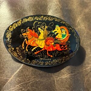 Vintage Russian Hand Painted Black Laquer Signed Brooch